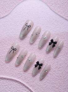 Set de 10 piezas de puntas de uñas con diseño de almendra, uñas de fiesta hechas a mano y coloridas, uñas de primavera/verano con base de ojo de gato plateado y decoración multicolor brillante, 3 estilos disponibles para amantes de la belleza personalizada