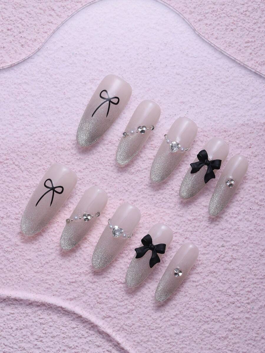 Set de 10 piezas de puntas de uñas con diseño de almendra, uñas de fiesta hechas a mano y coloridas, uñas de primavera/verano con base de ojo de gato plateado y decoración multicolor brillante, 3 estilos disponibles para amantes de la belleza personalizada