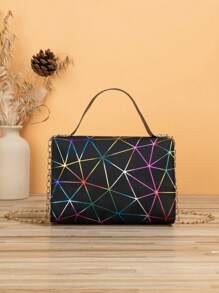 Fashionable Geometric Triangle Rhinestone Rhombus Shape Laser Holographic Small Square Bag With Flap Crossbody Chain Shoulder Bag, Large Capacity Evening Tote Bag, PU Leather Horizontal Elegant Women Handbag
