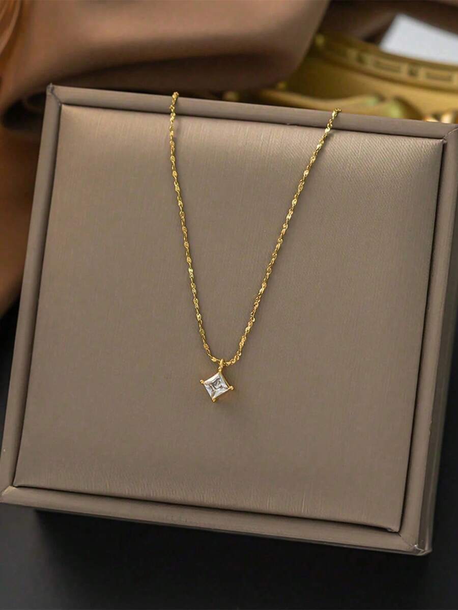 1pc Fashionable And Shining Gold Tone Rhinestone Pendant Necklace,Stainless Steel Material,With Long-Lasting Color Retention,Suitable For Women's Daily Wear . - Gold - View 1