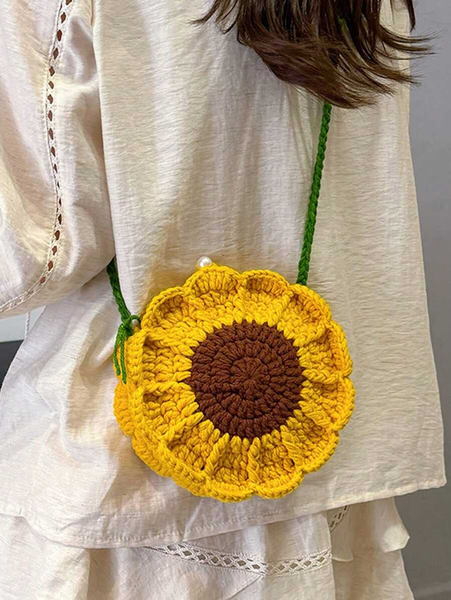 [Finished Product] Reversible Sunflower Print Handmade Crochet Woven Crossbody Bag, Knitted Purse, Key & Coin Pouch - Yellow - View 1