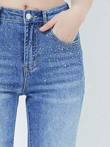 Jeans Donna Crop a Vita Alta, Lavaggio Medio con Brillantini, Gamba Dritta, Lunghezza al Polpaccio COD.1022