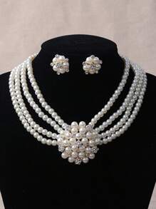 Fashion Rhinestone Flower & Pearl Necklace With Matching Clip-On Earrings Set