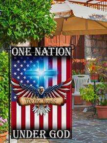 1pc One Country Under God Eagle Garden Flag, Double-Sided Linen, 14.17x18.50 Inches, American Flag Design With Cross And Eagle - Suitable For Independence Day, Outdoor/Interior Decoration, Patio & Garden Decoration, Furniture Decoration, No Power Required (Flag Only)