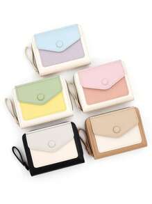 Candy Color Women's Short Wallet, Fresh Minimalist PU Colorblock Accordion Card Holder, Macaron Color Clutch Bag, Coin Purse Zipper Bag - Multicolor - View 2