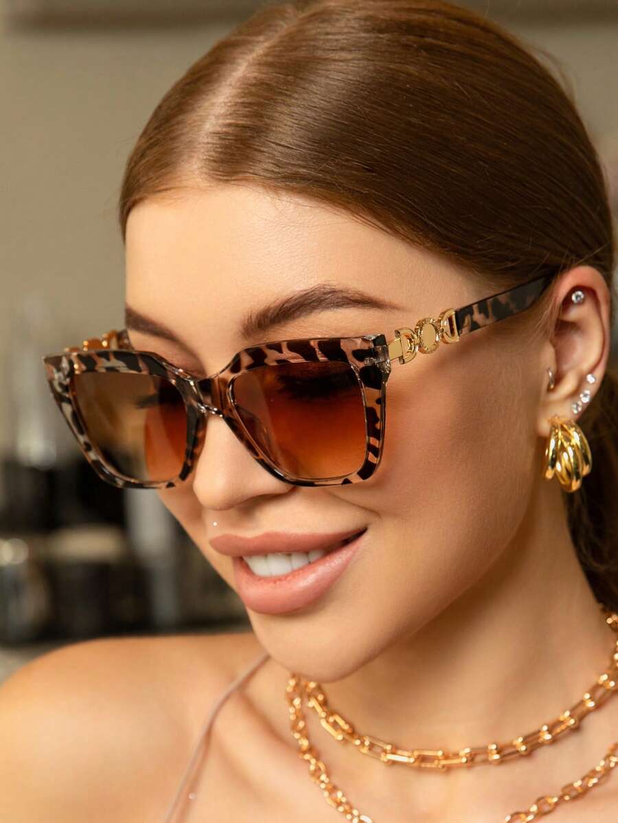 男女通用复古豹纹方形框架塑料太阳镜，波西米亚风格时尚眼镜，经典设计，适合户外旅行海滩休闲装，夏季防紫外线驾驶眼镜 - 彩色 - 查看 1