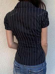 Chemise slim à manches courtes avec boutons devant et imprimé rayé, style collégial Y2K d'été pour femme diplômée