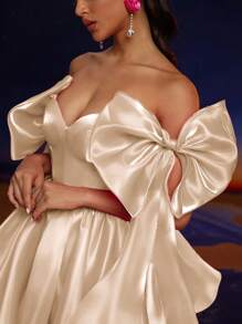 Vestido de bola con decoración de moño elegante de moda Anymoon, adecuado para bailes formales, graduaciones, homecomings, fiestas y eventos, vestido de fiesta, vestido de invitada de boda, vestido de graduación primaveral - Champán - Ver 7