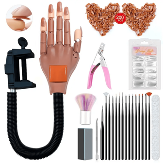 亚克力美甲练习手，柔韧可拆卸假手，美甲训练套装，可拆卸美甲模型手，200片美甲贴片，美甲刷，美甲初学者美甲套装