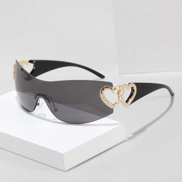 Ochelari de soare fără ramă, fără ramă, pentru femei, ochelari în formă de inimă, fără ramă, stil anii '90, pentru vacanță de vară la plajă, în aer liber, călătorii