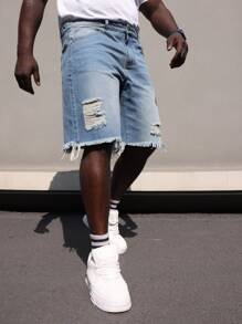Herren Denim Shorts in Große Größen, Hellblau, Used-Optik, ausgefranster Saum