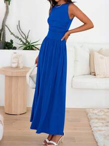 Women Sleeveless Maxi Dresses Crew Neck High Waisted Patchwork Ruched Tank Summer Dress With Pockets Beach Holiday Vacation Valentine - 寶藍色 - 查看 4