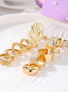 10 Pairs Fashion Unique Metal Asymmetrical Exaggerated Design Rings Set, Elegant & Versatile For Daily Wear, Women