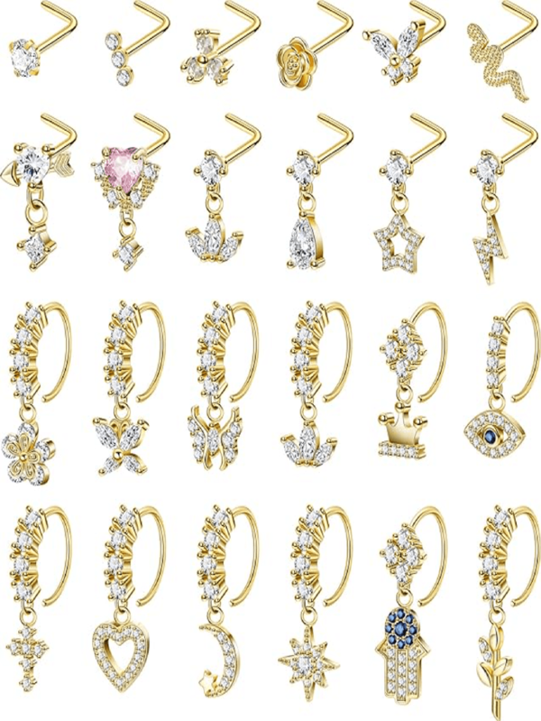 24Pcs 20G Dangle Nose Ring L Shaped Dangling Nose Stud For Women Stainless Steel Nose Ring Studs CZ Flower Dangle Nose Rings Hoops Nose Piercing Jewelry