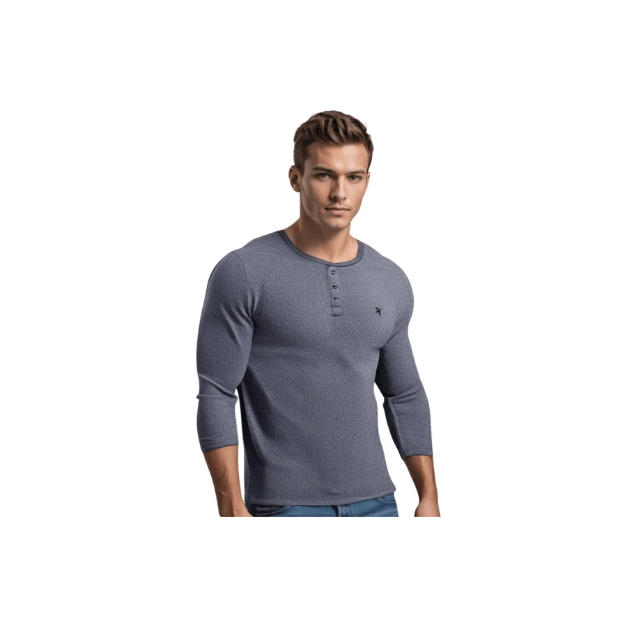 Long Sleeve Henley Shirt - 藍色 - 查看 1