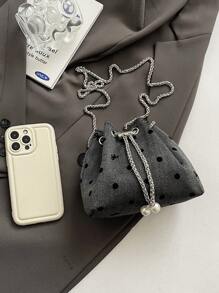 1pc Nylon Plain Drawstring Bucket Bag With Chain Strap, Fashion Pearl Shoulder Handbag For Women - Multicolor - View 8