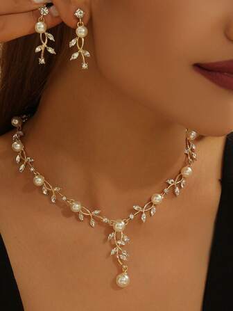 1 套不锈钢复古奢华优雅百搭珍珠项链和耳环首饰套装，适合女士礼服、新娘、派对的时尚配饰