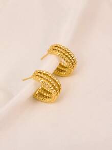 1pair Stainless Steel 18k Gold Plated Simple & Stylish Hollow Out Hoop Earrings Suitable For Office, Party And Date - Yellow Gold - View 7