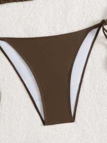 Nuovo costume da bagno estivo da donna, con parte inferiore a spaghetti con fiocchi sul retro in marrone e parte superiore blu a due pezzi con pendenti di perline laterali
