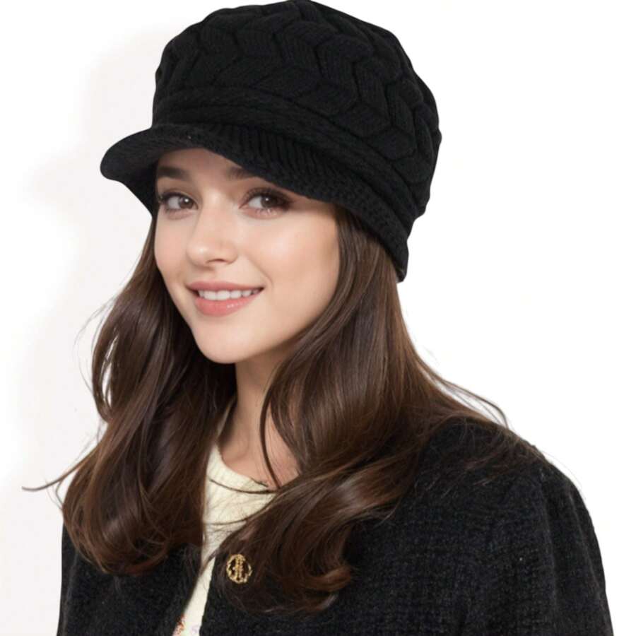 Gorra de boina de mujer de punto con patrón de cable trenzado y diseño de ala elegante - Negro - Ver 1