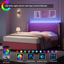 Modern LED Upholstered Bed Frame With Silver Wingback Headboard – Soft PU Leather, Platform Design, Easy Assembly, Twin Bed Frame / Full Bed Frame/ Queen Bed Frame / Twin /Full / Queen Size Bed Frame, Black/Pink/Beige (USB LED Strip) - 粉色 - 查看 2
