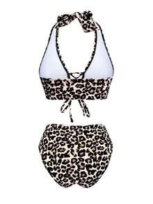 1 Set Women Leopard Print Halter Tie Front Backless Bikini Swimwear - Brown - View 5