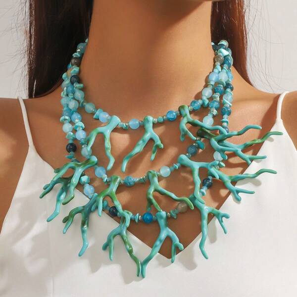 1pc New Fashionable Handmade Multi-Layer Coral Beaded Bohemian Style Colourful Statement Necklace Accessories For Women