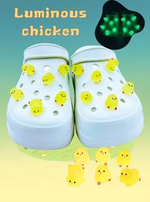 6 pièces Éléments de charme 3D adorables en forme de poulet jaune fluorescent, fabriqués en résine ABS. Accessoires de décoration animale amovibles et non intégrés, DIY. - Jaune citron - Voir 2
