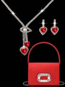 女士水钻首饰 闪亮奢华水钻首饰套装 闪亮项链耳环手链套装 个性天鹅绒手持水钻装饰翻盖手提包宴会包信封手提包婚礼派对