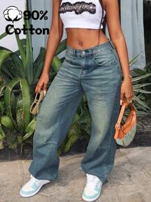 جينز بتصميم رجعي واسع الساق مغسول باللون الأزرق للنساء