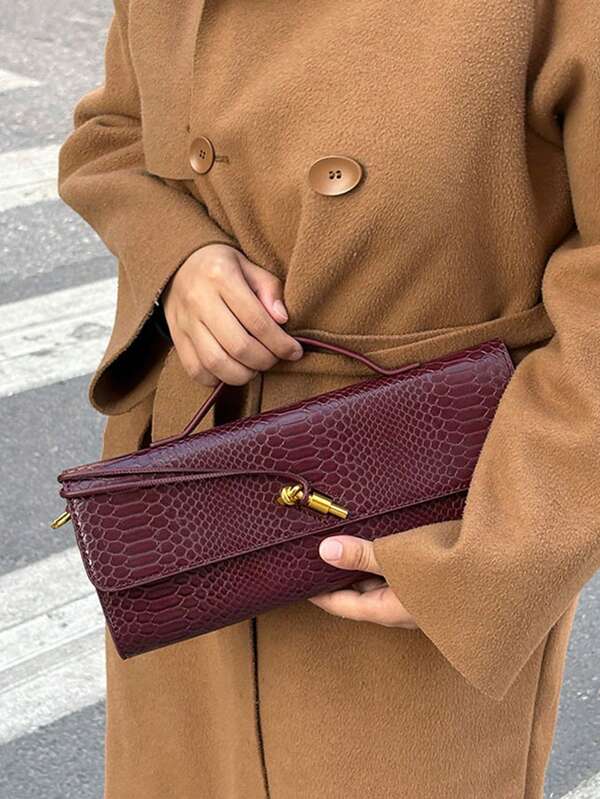 酒红色手提包，樱桃红信封包，酒红色信封包，高端新款手提包，欧美时尚鳄鱼皮翻盖手提包，晚宴包，单肩包，斜挎包，时尚酒红色手提包