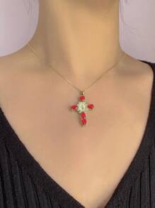S925 European And American Luxury Cross Zirconia Stone Water Drop Pendant Necklace, Jesus Element, Suitable For Party/Daily Wear, Women Jewelry Set, Gift For Family And Friends - Red - View 4