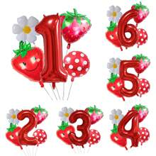 5pcs 32 Inch 1-9 Red Number Strawberry Foil Balloon Set, Strawberry Theme Birthday, Anniversary, Wedding Anniversary, Party Decoration Foil Balloons