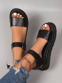 2025 Summer New Round Toe Mid-Heel Roman Sandals, Thick Sole Slip-On Elastic Band Beach Shoes For Plus Size Women,Comfortable Thick Sole Versatile Sandals And Casual Shoes For Women - 黑色 - 查看 3