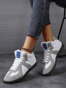 灰色女式复古帆布鞋平底运动鞋，休闲系带运动舒适耐磨多功能硫化橡胶鞋底运动鞋 - 灰色 - 查看 4