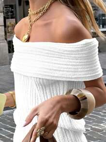 春夏新款白色露肩短款针织上衣女修身休闲罗纹J领时尚优雅通勤风毕业季 - 白色 - 查看 4