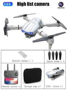 E99升级版初学者入门级遥控无人机。方便可折叠，配有储物袋。它是一款四轴飞行器，配有高清摄像头，可拍摄照片和视频。它具有高度保持功能，