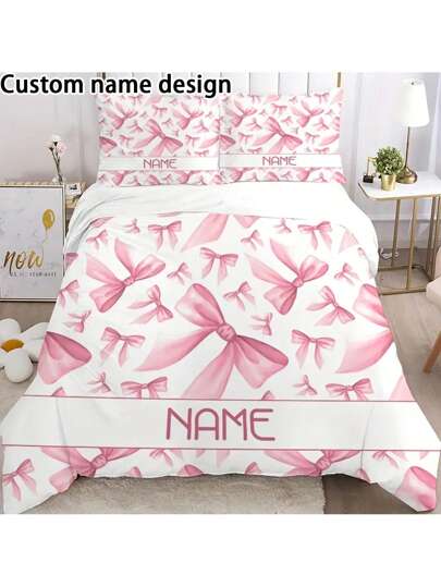 3pcs Customizable Name Creative Pink Bow Cherry Pattern Bedding Set, Soft And Comfortable, Stylish Home Decor, Holiday Decoration, Tear-Resistant Polyester, Includes 1 Duvet Cover And 2 Pillowcases, Machine Washable, All Season Duvet Cover Set, Ideal For Home And Guest Room, Great Gift For Pink Bow Lovers