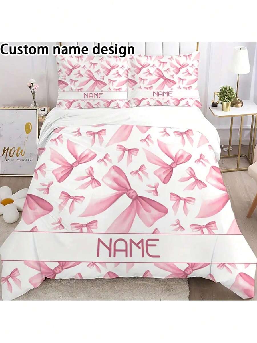 3pcs Customizable Name Creative Pink Bow Cherry Pattern Bedding Set, Soft And Comfortable, Stylish Home Decor, Holiday Decoration, Tear-Resistant Polyester, Includes 1 Duvet Cover And 2 Pillowcases, Machine Washable, All Season Duvet Cover Set, Ideal For Home And Guest Room, Great Gift For Pink Bow Lovers