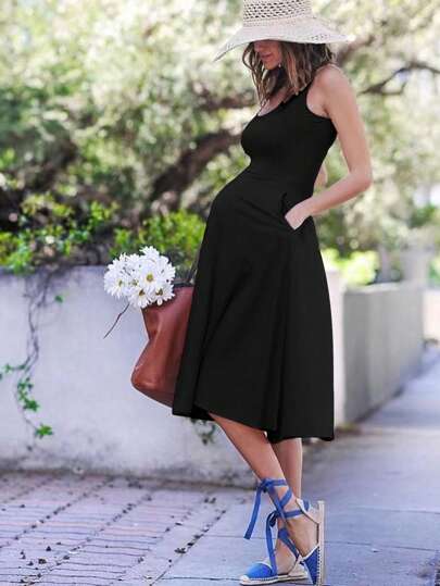Maternity Sleeveless Round Neck Waist-Cinched Fitted Dress, Fashionable & Versatile