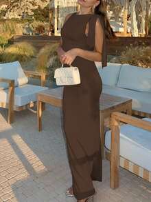 Đầm nữ trơn màu, cổ lệch, không tay, thanh lịch và trang nhã, thích hợp cho kỳ nghỉ, tiệc tùng, lễ hội mùa xuân và mùa hè. - màu nâu - Xem 2