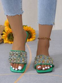Women's Strap Crystal Embellished Slip-On Flat Sandals - Green - View 6