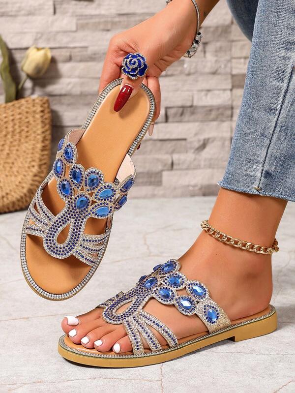 Cómodas sandalias planas de verano con puntera redonda, transpirables, con rhinestone, tipo chanclas deslizantes para uso en exteriores para mujeres de talla grande