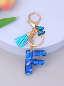 1pc Women's Initial Letter Black Butterfly Glitter Crystal Resin Epoxy Keychain With Butterfly Tassel Decor