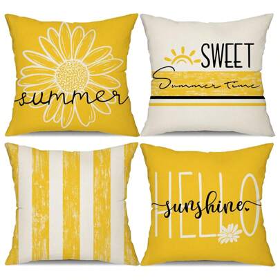 4PCS Summer Pillowcase Outdoor Pillowcase Daisy Pillowcase Hello Sunshine Sweet Summer Cushion Cover Farmhouse Sofa Home Car Sofa On One Side Without Pillow Core