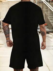 2 Pieces Plus Size Men's Motorcycle Skeleton Graphic Sporty T-Shirt Set, Suitable For All Seasons - Black - View 2