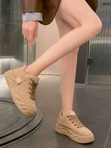 White Platform Sneakers For Women, Thick Sole Increase Height Casual Lace-Up Trainers, Khaki Color, Suitable For Daily, Outdoor Sports & Leisure, 2025 Spring New Arrival - Khaki - View 4