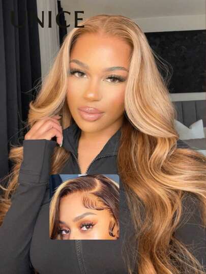 UNice Wigs Bye Bye Knots Pre Bleached Knots 7x5 Lace Wig TL412 Brown Blonde Highlight Body Wave Wig Human Hair Lace Front Wig Glueless Wear Go UNice Hair