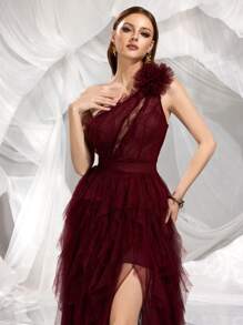 Elegant Sleeveless Asymmetric Neckline Long Formal Gown, Alluring Ruffle Slit Mesh Fabric Dress With Sheer Details