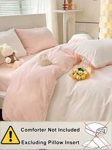 3 件套亲肤柔软白色和粉色宿舍床罩和枕套，1 个羽绒被套，2 个枕套，可机洗，无需填充物 - 白色 - 查看 4